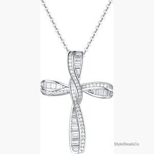 Sterling Silver Cross Pendant Necklace with Cubic Zirconia, 18" Extender